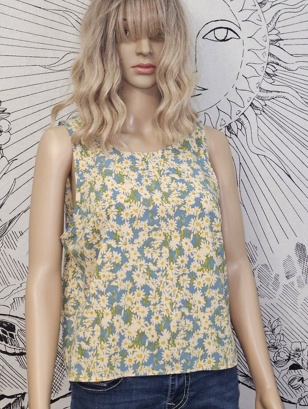 Toad& Co Sunkissed Button-back Tank Floral Daisy Sleeveless Top - Blue & Yellow
